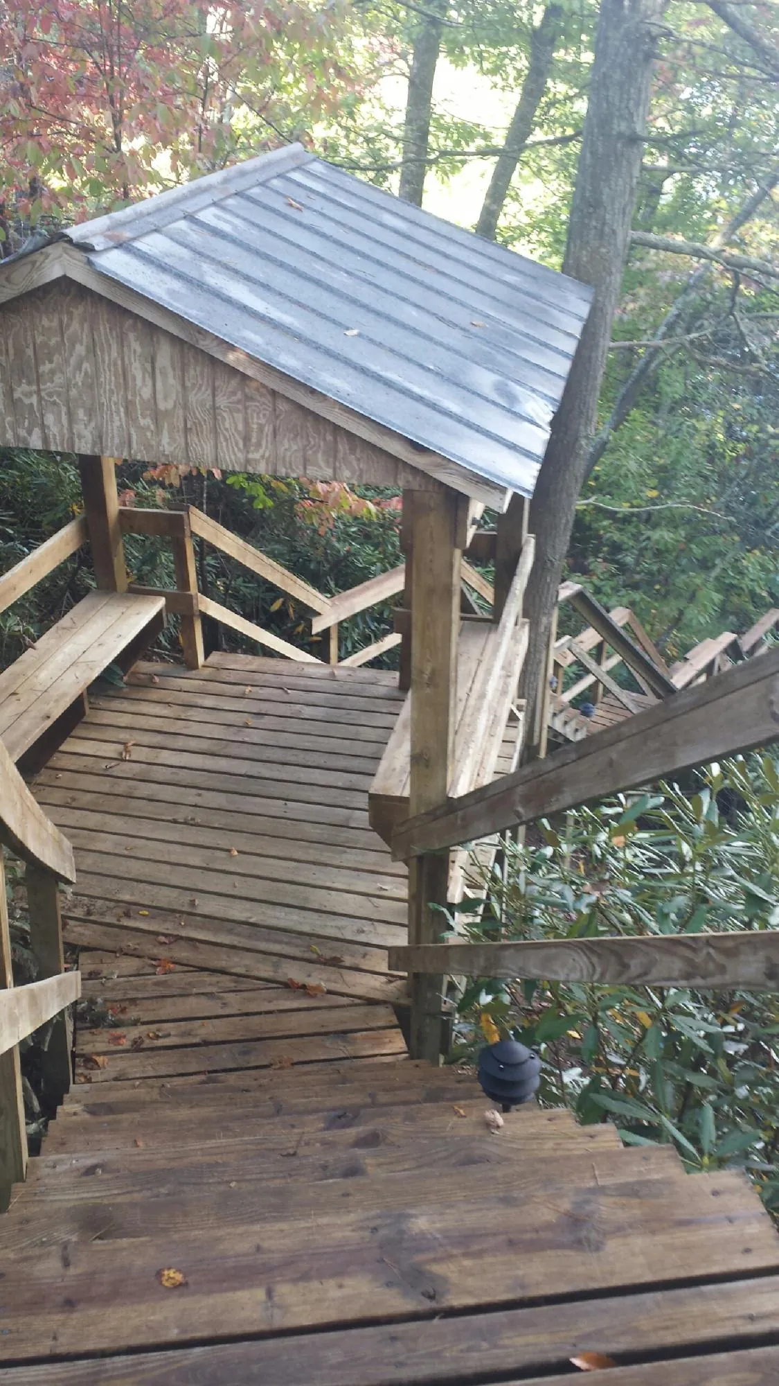 Metal roofed shelter over wooden steps on a wooded walkway — Skylight Repair & Installation work by our crew in Hinton